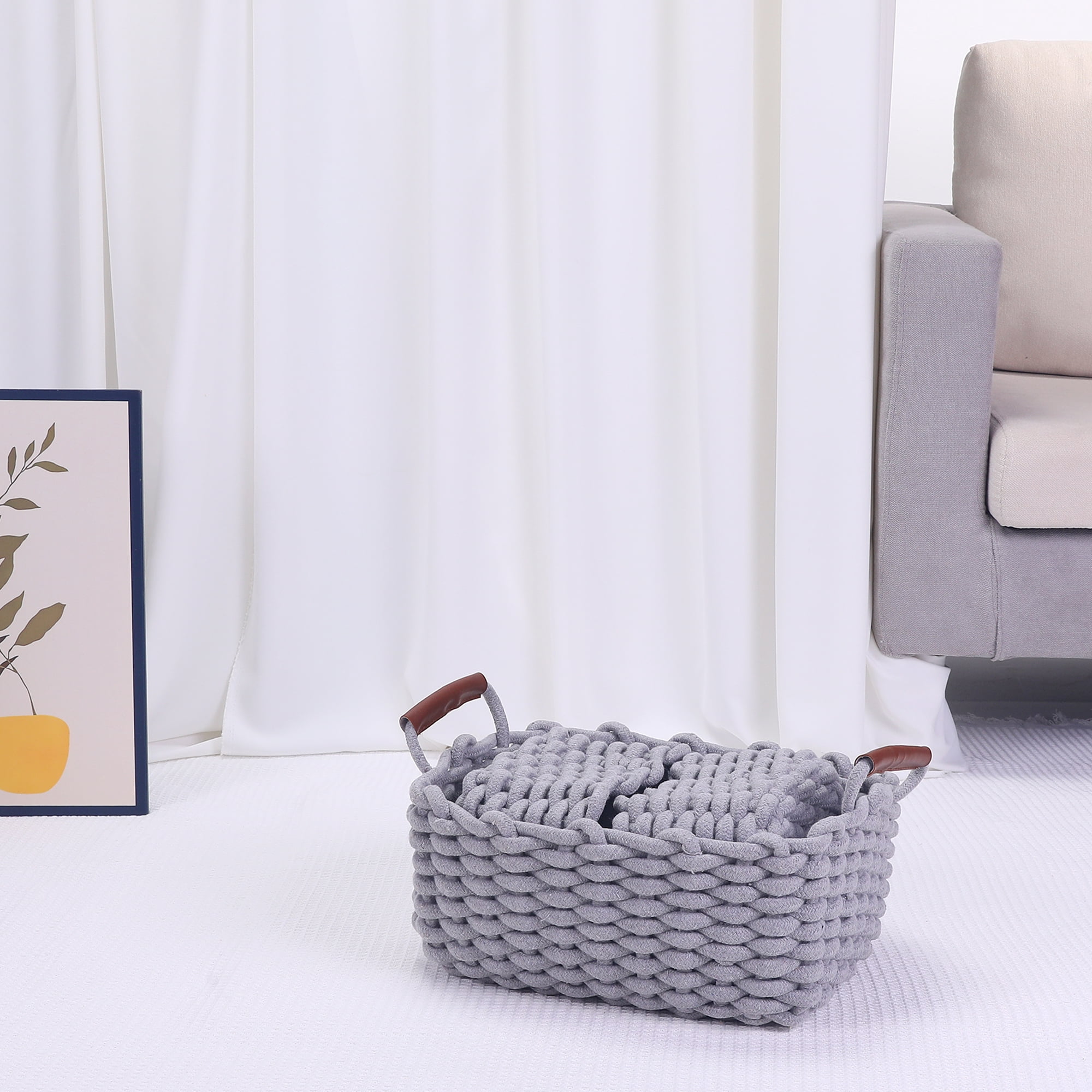 Unique Bargains Woven Storage Basket Shelf Storage Bin with Handle for Key Tray Bowl Grey