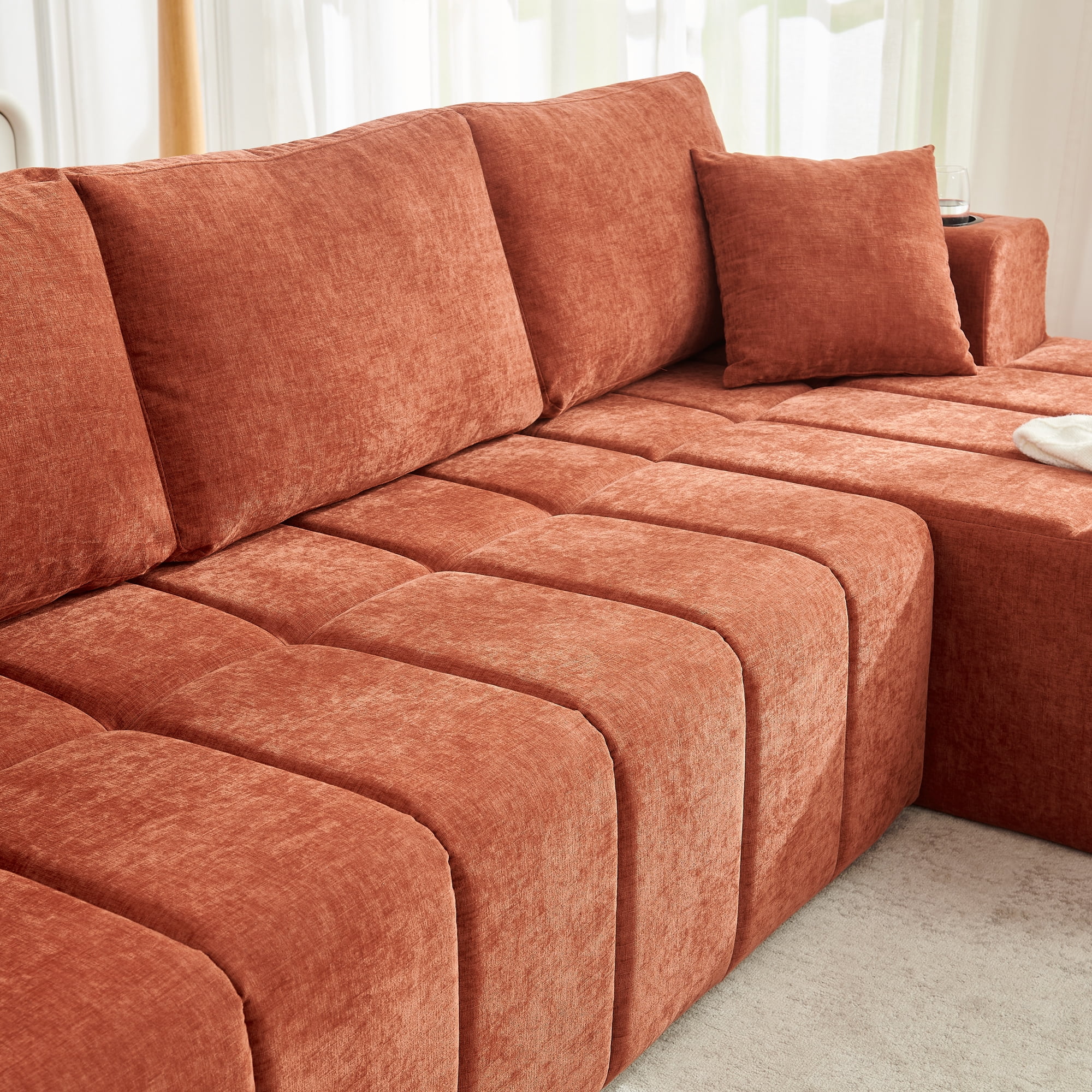 Leumius 108" L-Shaped Sectional Sofa,Chenille Boneless Couch, Modern 3-Seat Upholstered Cloud Couch Sectional with Deep Seat and Cup Holders for Living Room,No Assembly Required,Orange