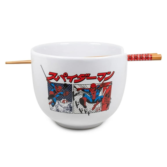 Silver Buffalo Marvel Spider-Man Japanese Manga Comic Panels Ceramic Ramen Noodle Rice Bowl with Chopsticks, 20 Ounces