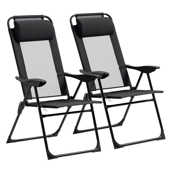 Outsunny Double Camping Chairs Foldable w/ Reclining & Headrest, Black