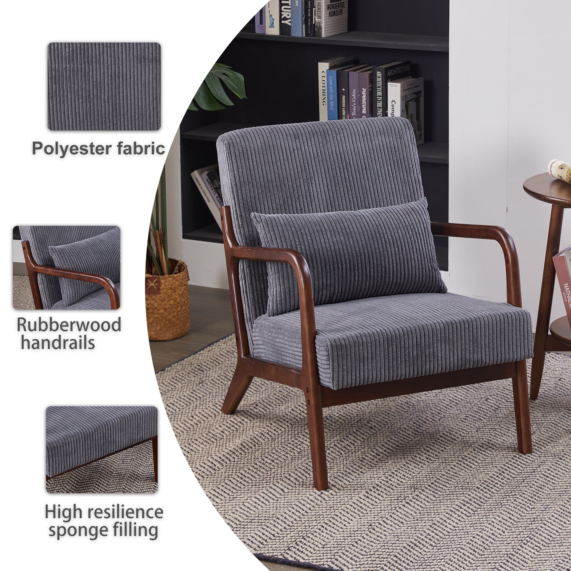 HOQBN Modern Accent Chair,Upholstered Armchair with Pillow, Solid Wood Frame Reading Chair for Living Room Bedroom Balcony,Dark Grey