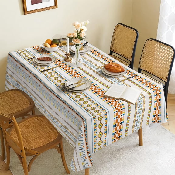 Bohemian Style Waterproof Fabric Tablecloth,Rectangle Watercolor Oil-Proof Wrinkle Resistant Table Cover for Dining Table, Buffet Parties and Camping,Ethnic Style,Striped (102" x 60" inch)