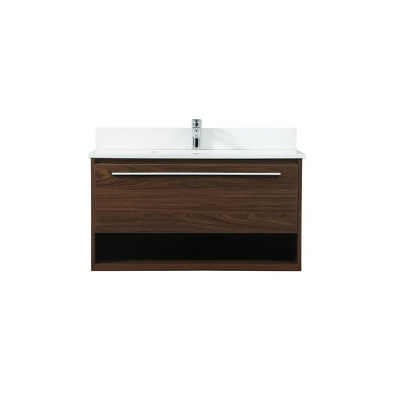 36 inch single bathroom vanity in walnut with backsplash