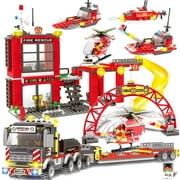 City Fire Station, Heavy Helicopter Cargo Transport Building Blocks Playset, Marine Fire Rescue Toy with Emergency Firefighter Patrol Ships & Helicopter, Gift for Kids Boys Girls 6-12(971 Pieces)