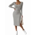thumbnail image 3 of Women'S Autumn Dress 2 Long Sleeve Square Neck Knit Midi Beach Resort Dress Slit Slim Maxi Dress Grey XL, 3 of 8