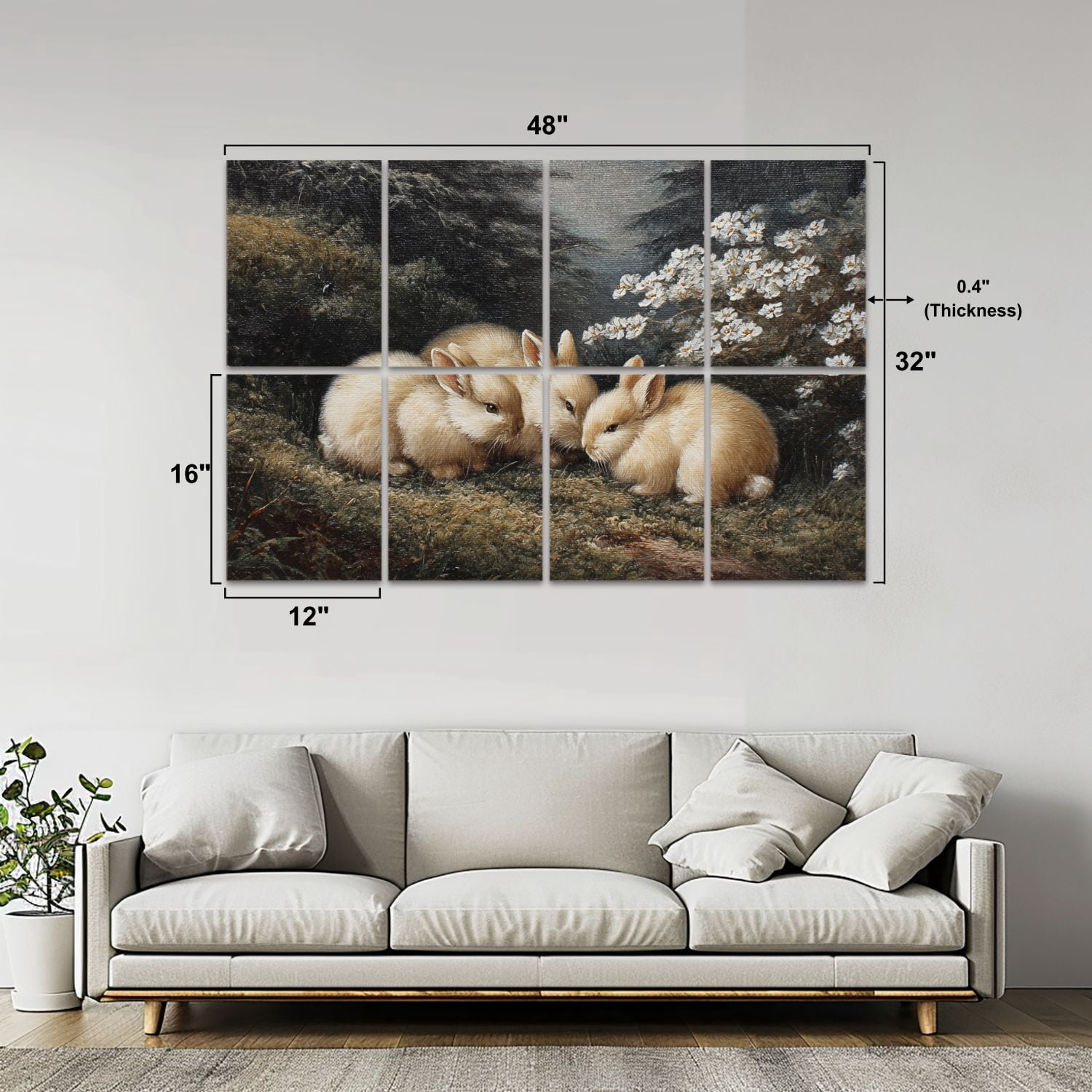 8 Pack Art Acoustic Panels Vintage Gold Bunny Easter Rabbits Forest Oil Painting Retro Farmhouse Self Adhesive Sound Absorbing Panels for Home Office Studio Media Room 48"x32"