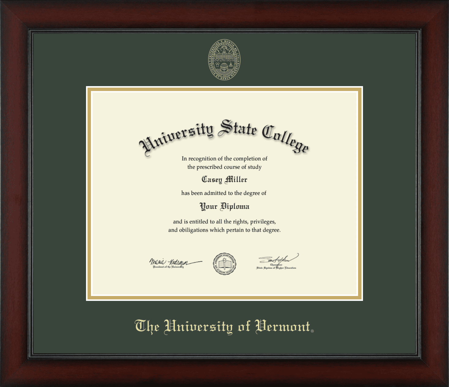 The University of Vermont Diploma Frame, Document Size 13" x 10