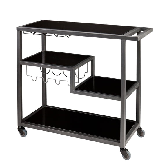 HomeRoots 402577 Glass Rolling Bar Cart with Wine Storage, Black & Gray