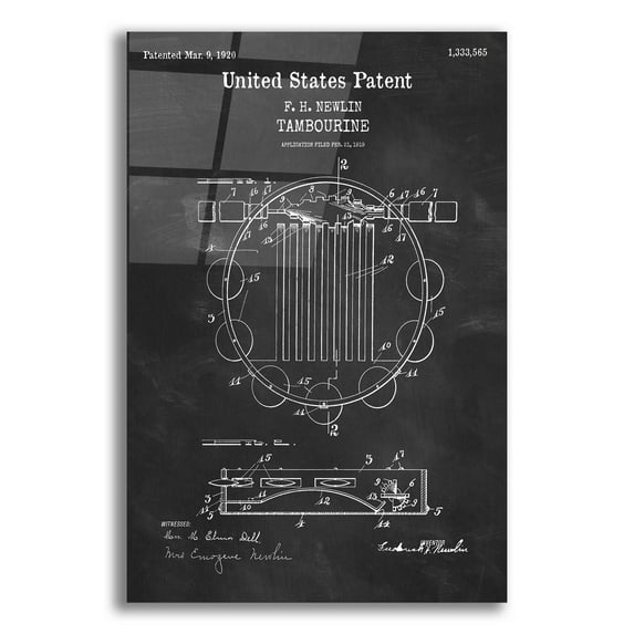 Epic Art 'Tambourine Blueprint Patent Chalkboard,' Acrylic Glass Wall Art, 16"x24"