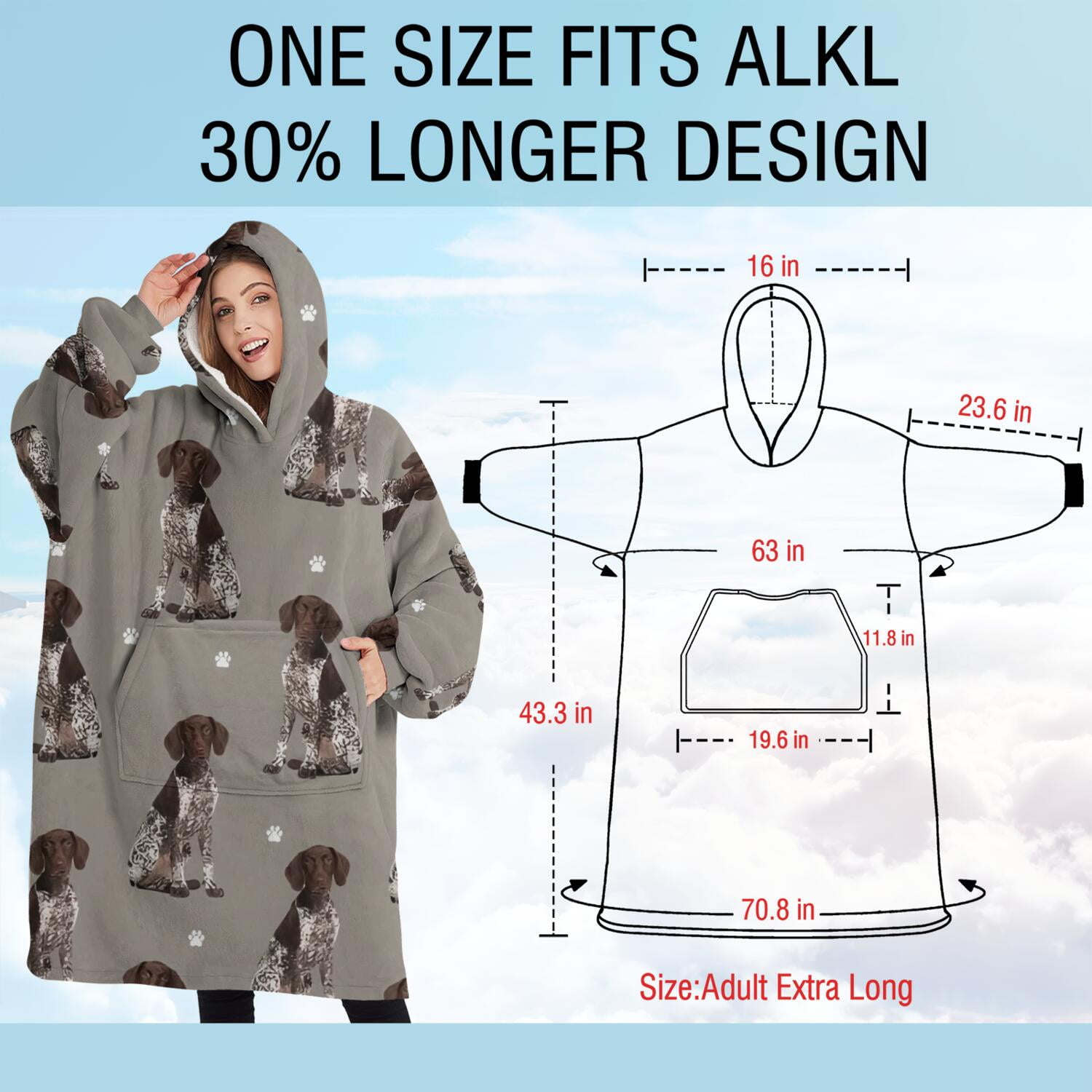 Oversized Wearable Blanket Hoodie,German Shorthaired Pointer Sherpa Blanket Hoodie with Super Pockets,Super Warm Fuzzy Pullover for Women & Men