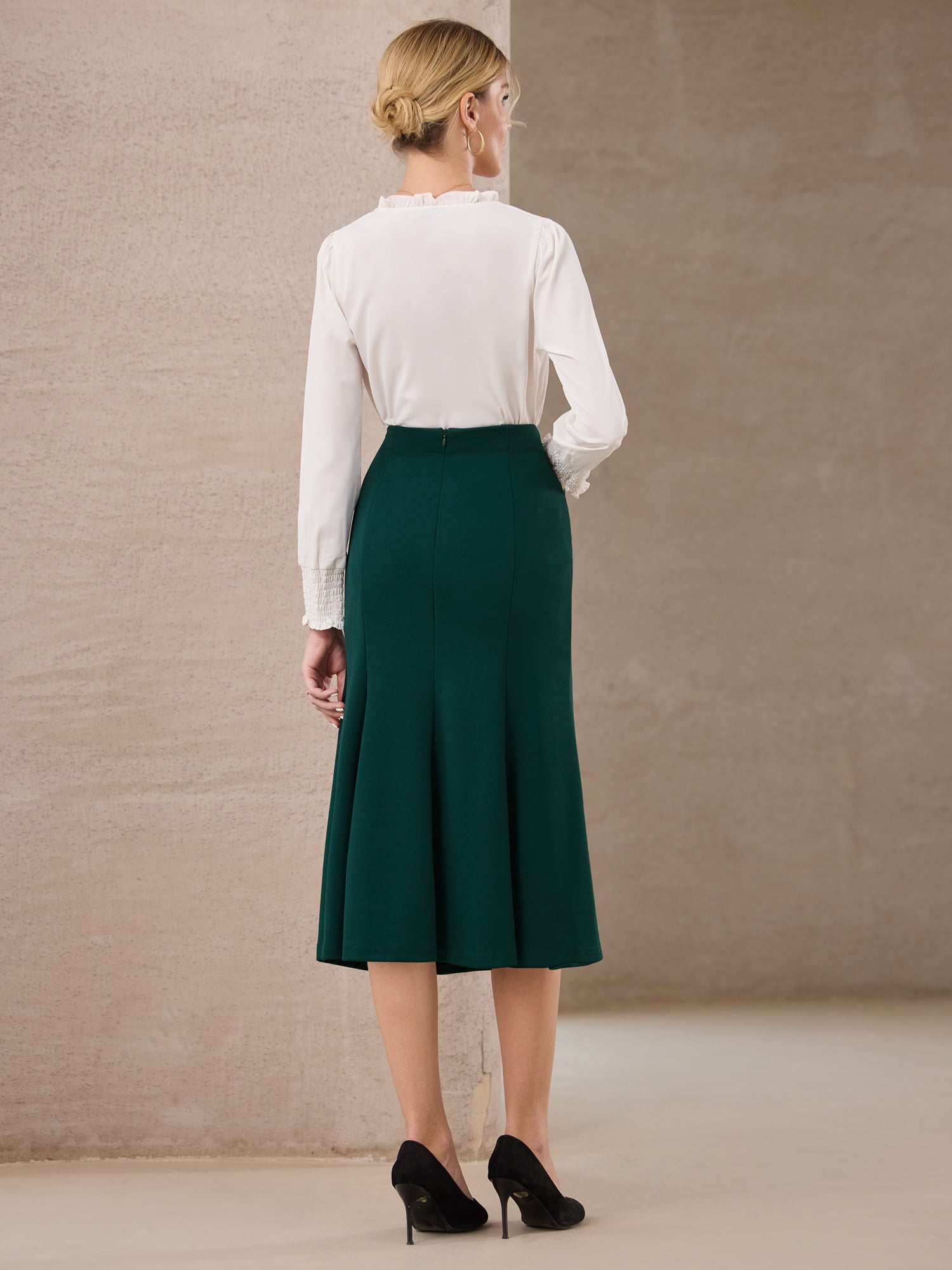 DARING DIVA Women's High Elastic Waist Fishtails Midi Skirts for Work M Green Blue