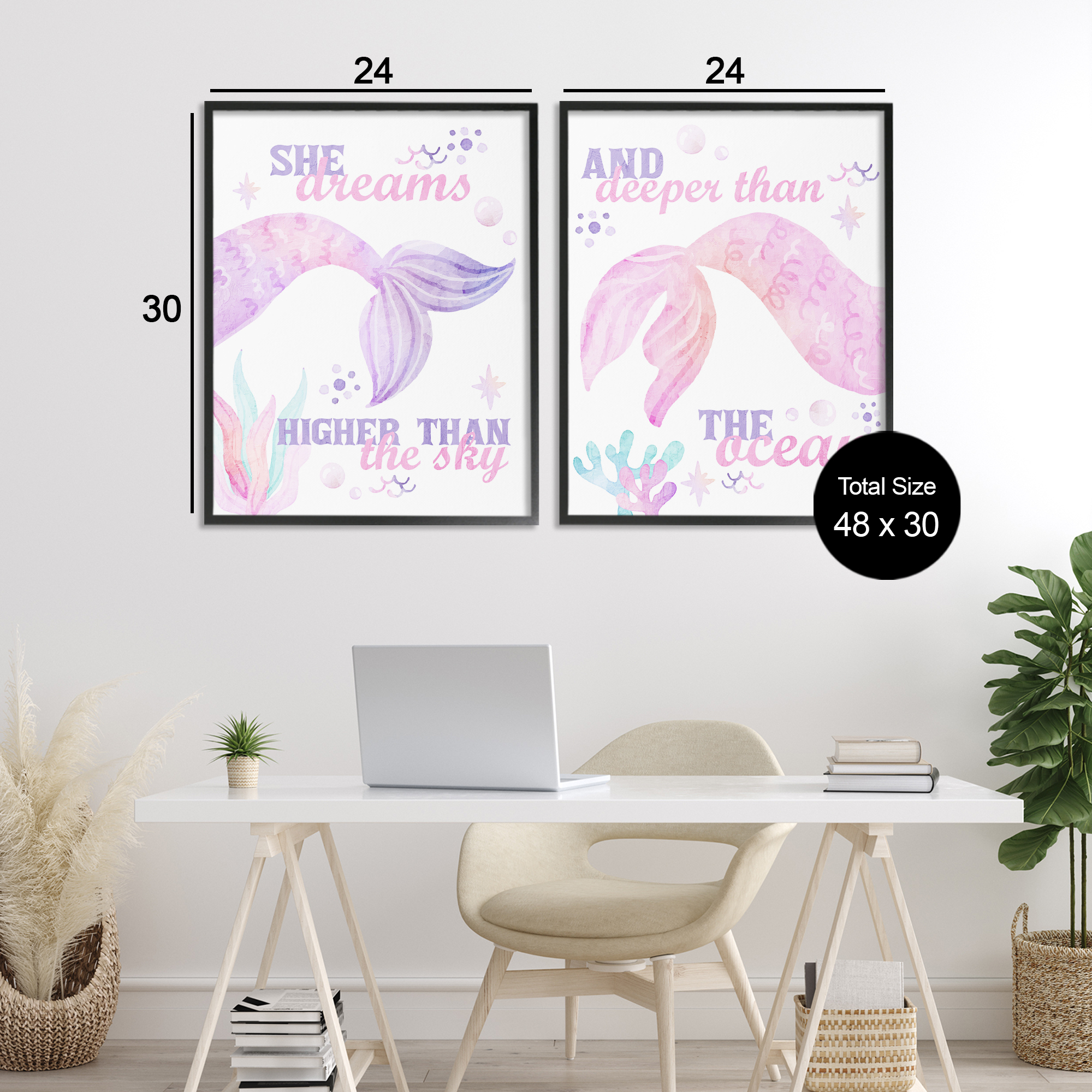 Mermaid Dreams Ocean & Sky 2 Piece Black Framed Giclee Art Set, design by Kim Allen
