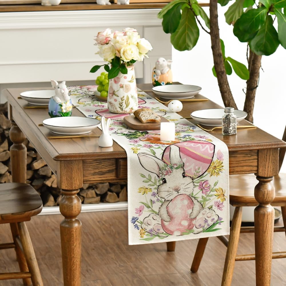 ZCHOMI Easter Bunny Table Runner - 13x72 Inch Polyester Easter Decor For Kitchen, Dining Table, Party