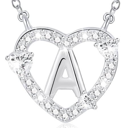 WEDDINEN 18K White Gold plated Love Heart Initial Necklaces for Women Girls CZ S925 Sterling Silver Letter A Pendant Chain Birthday Valentines Day Jewelry Gifts Teen Girlfriend Wife Her Kid Age Ideas