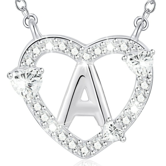WEDDINEN 18K White Gold plated Love Heart Initial Necklaces for Women Girls CZ S925 Sterling Silver Letter A Pendant Chain Birthday Valentines Day Jewelry Gifts Teen Girlfriend Wife Her Kid Age Ideas