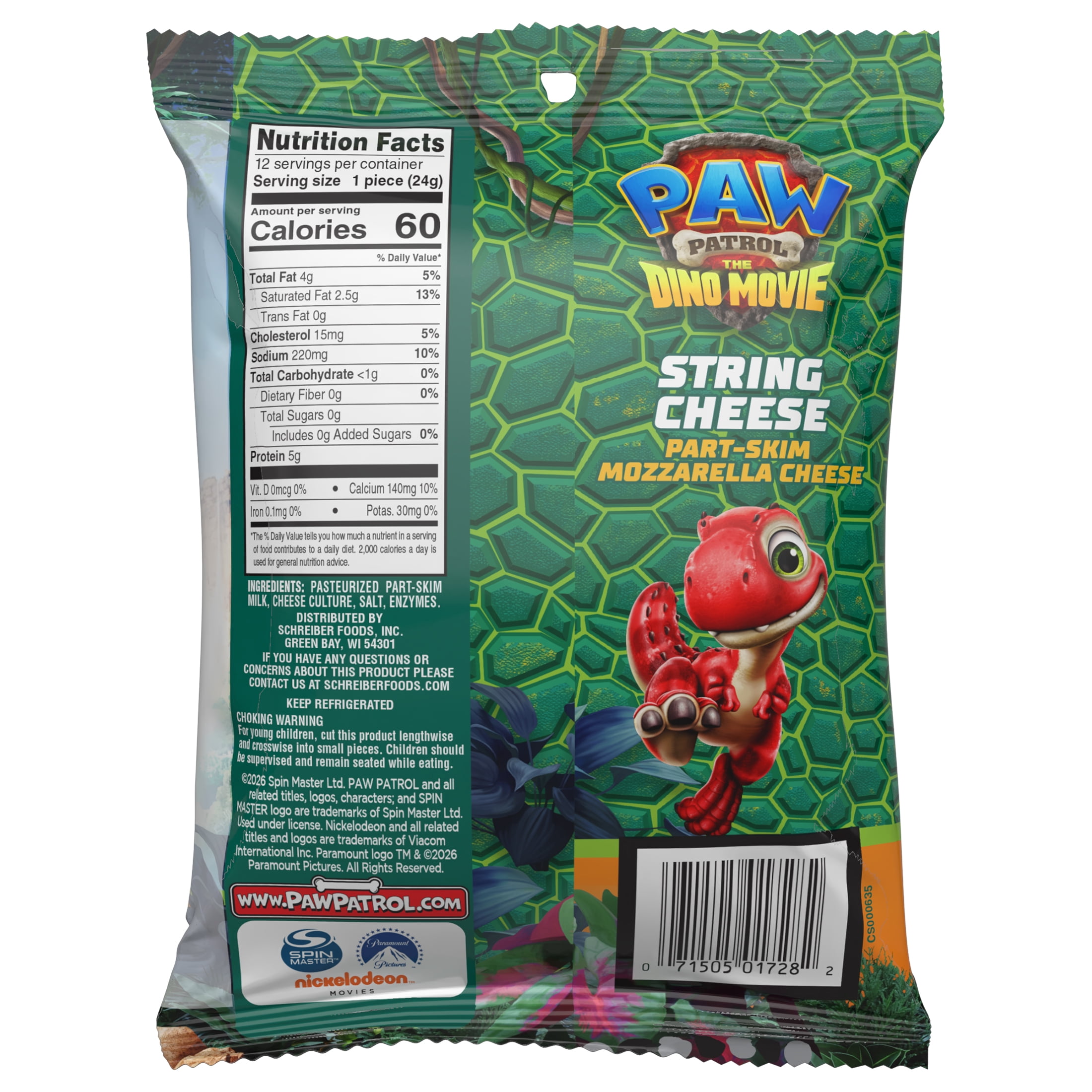 Nickelodeon PAW Patrol Part‑Skim Mozzarella String Cheese Snack, Plastic Bag, 10 oz, 12 Sticks