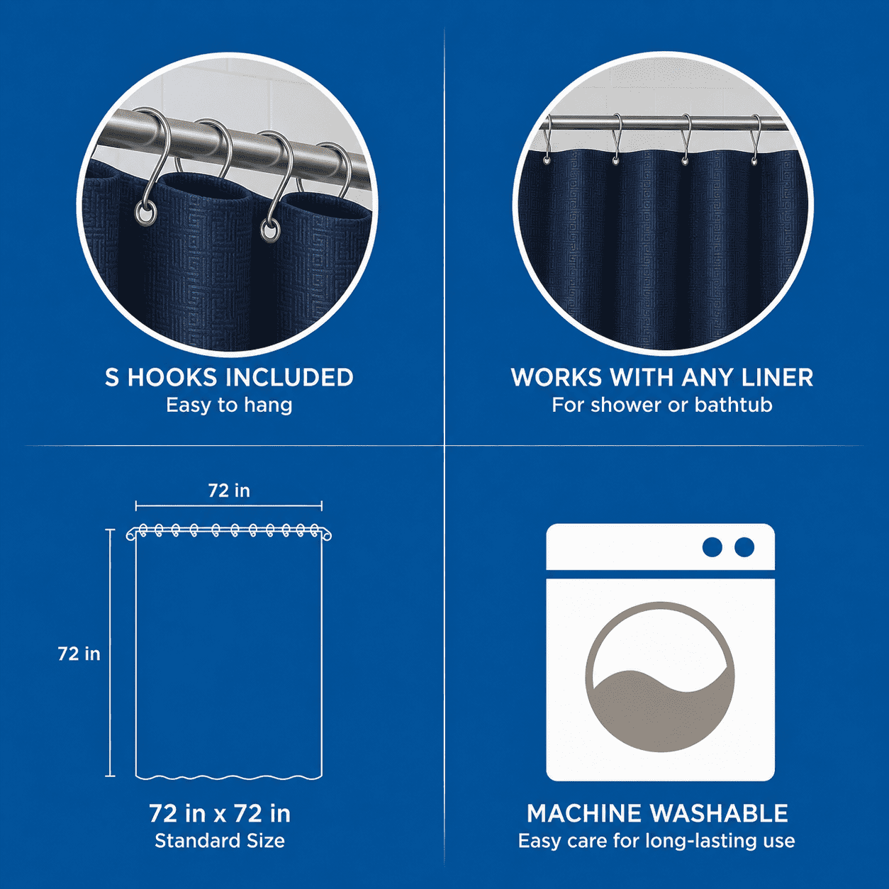 Mainstays 15-Piece Navy Checkered Bathroom Set – Textured Shower Curtain, Bath Rugs & Hooks, Washable Fabric