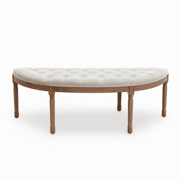 55 Inch Upholstered Bench with Tufted Cushion, Vintage Semi-Circle Entryway Bench with Carved Wood Legs, for End of Bed, Beige