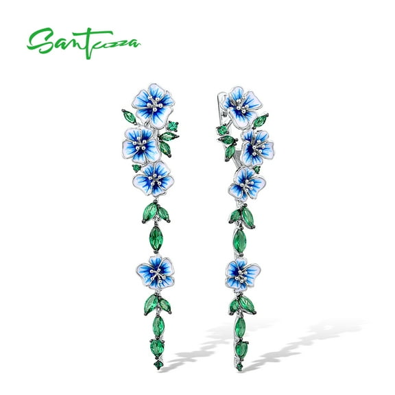 Santuzza Peony Earrings 925 Sterling Silver Green Spinel Handmade Enamel Blue Flower Gemstone Earrings for Women