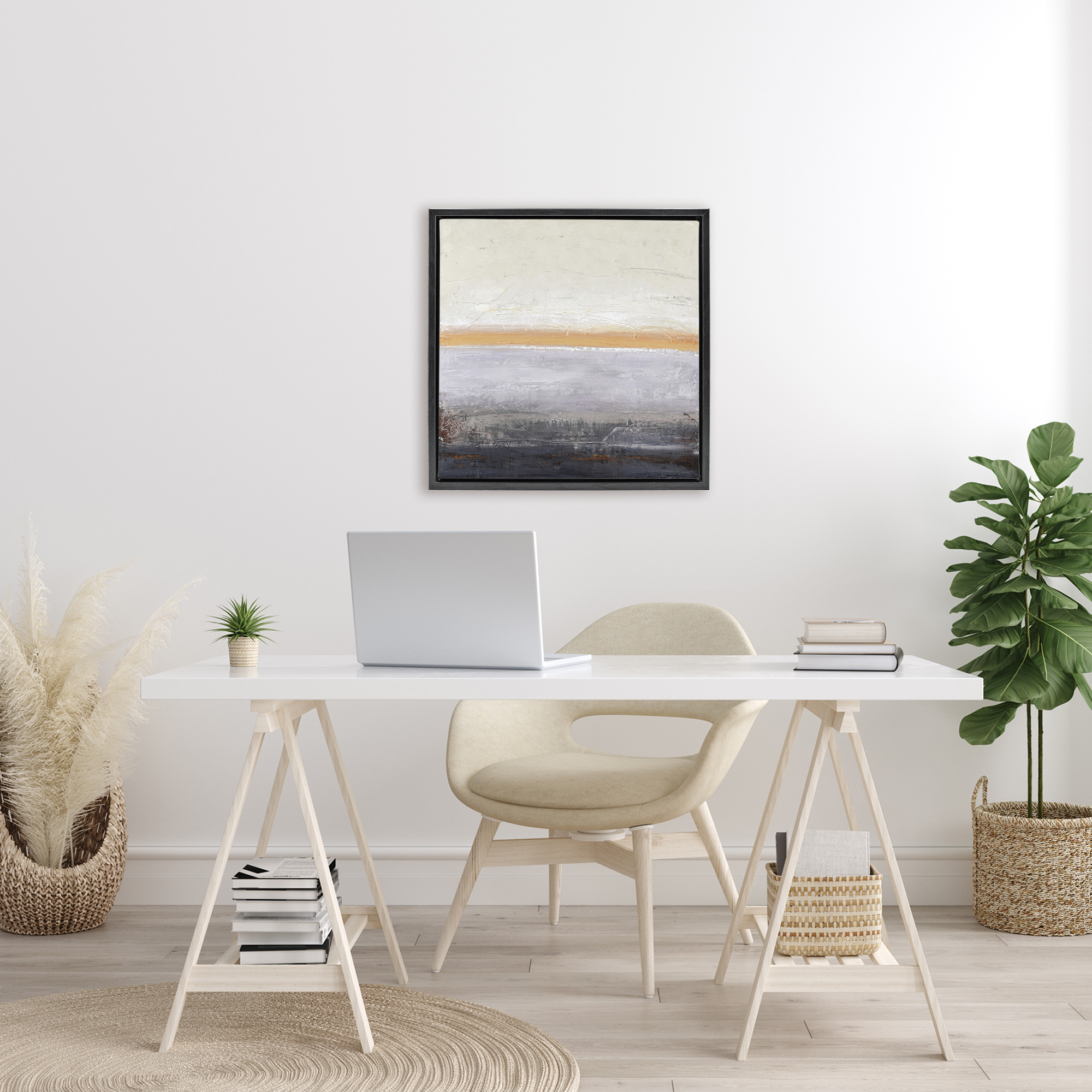 Warm Peachy Horizon Black Framed Floater Canvas Wall Art, design by Design Fabrikken