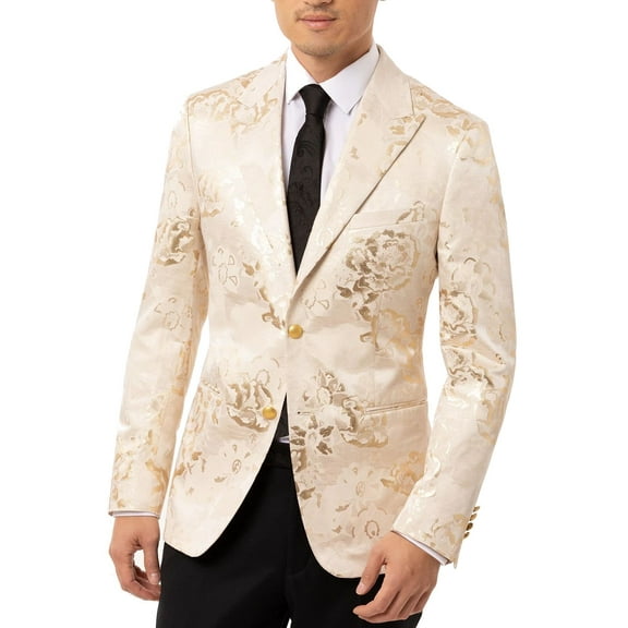 Tallia Men's Floral Jacquard Slim Fit Dinner Jacket in Gold-Size Small 32-34