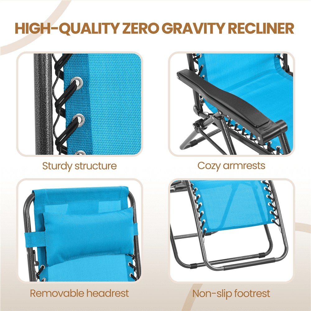 Alden Design 2pcs 26in Foldable Outdoor Zero Gravity Chair with Cupholder/Pillow, Light Blue