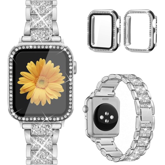 REQO Compatible for Apple Watch Band with Screen Protector Case, Jewelry Replacement Bands 46mm 45mm 44mm 42mm 41mm 40 mm 38mm 2 Pack Protective Cover for iWatch Series 10/9/8/7/6/5/4/3/2/1/SE Women