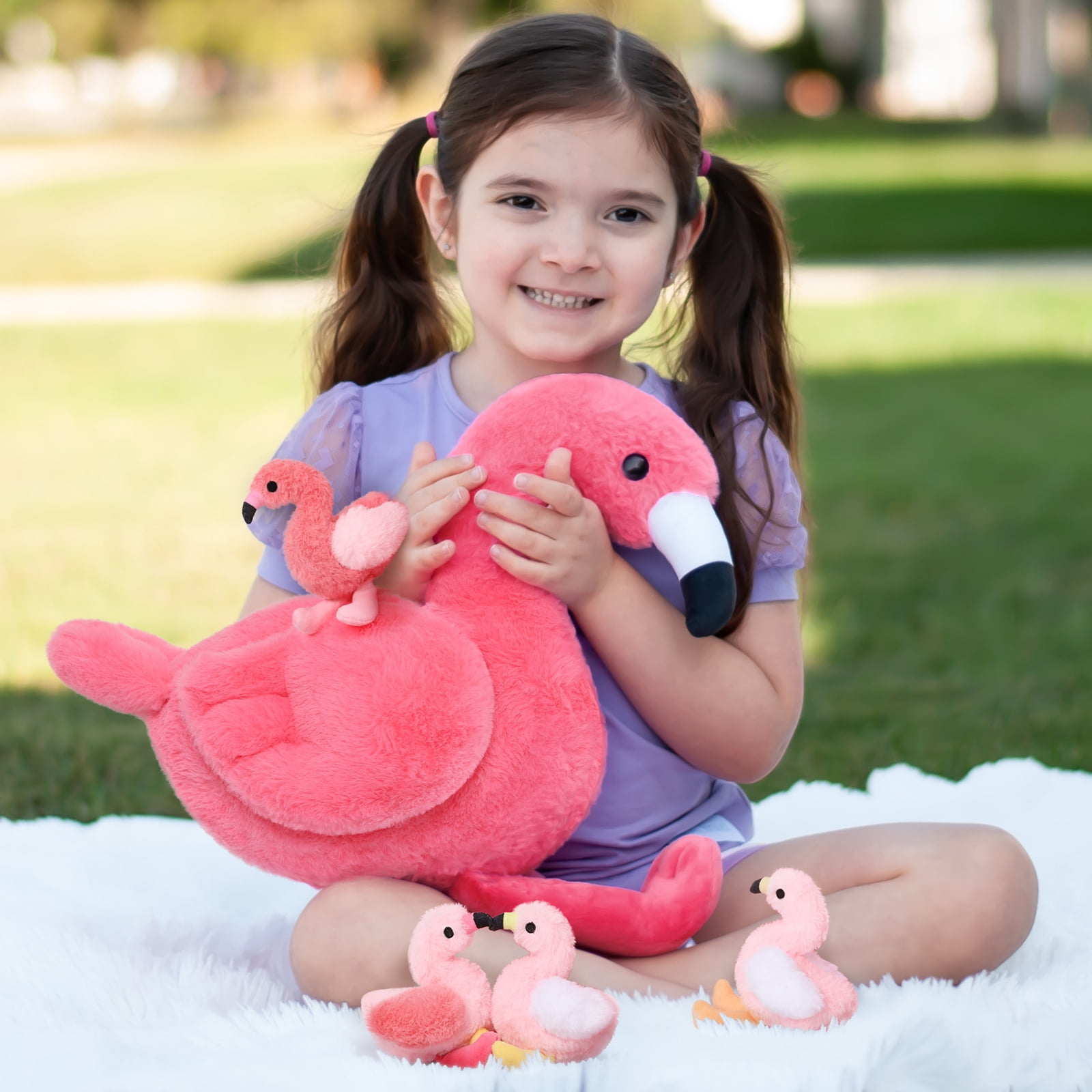 MorisMos 18'' Plush Flamingo Stuffed Animal Mommy Stuffed Flamingo with 4 Babies