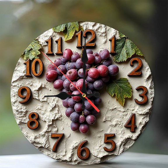 Vintage Grape Wall Clock Home Decor 10-Inch Silent Wooden Wall Clock, Battery Operated (AA Batteries Not Included), Artistic Home Decor