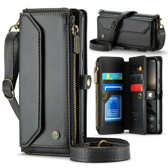 ShieldPlus for Google Pixel 8 Pro Case, RFID Blocking Pixel 8 Pro Wallet Case Crossbody for Women Men,Luxury PU Leather Magnetic Flip Zipper Strap Phone Case for Pixel 8 Pro,Black