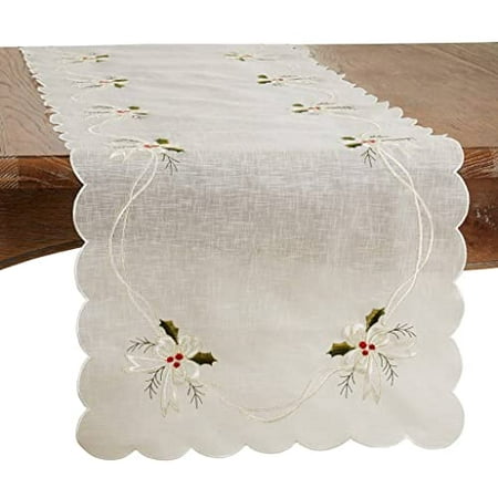 

Fennco Styles Embroidered Holly & Ribbon Design Holiday Table Runner 16 W x 54 L - White Table Cover for Christmas Winter Holidays Home Décor Banquet Family Gathering Special Occasion