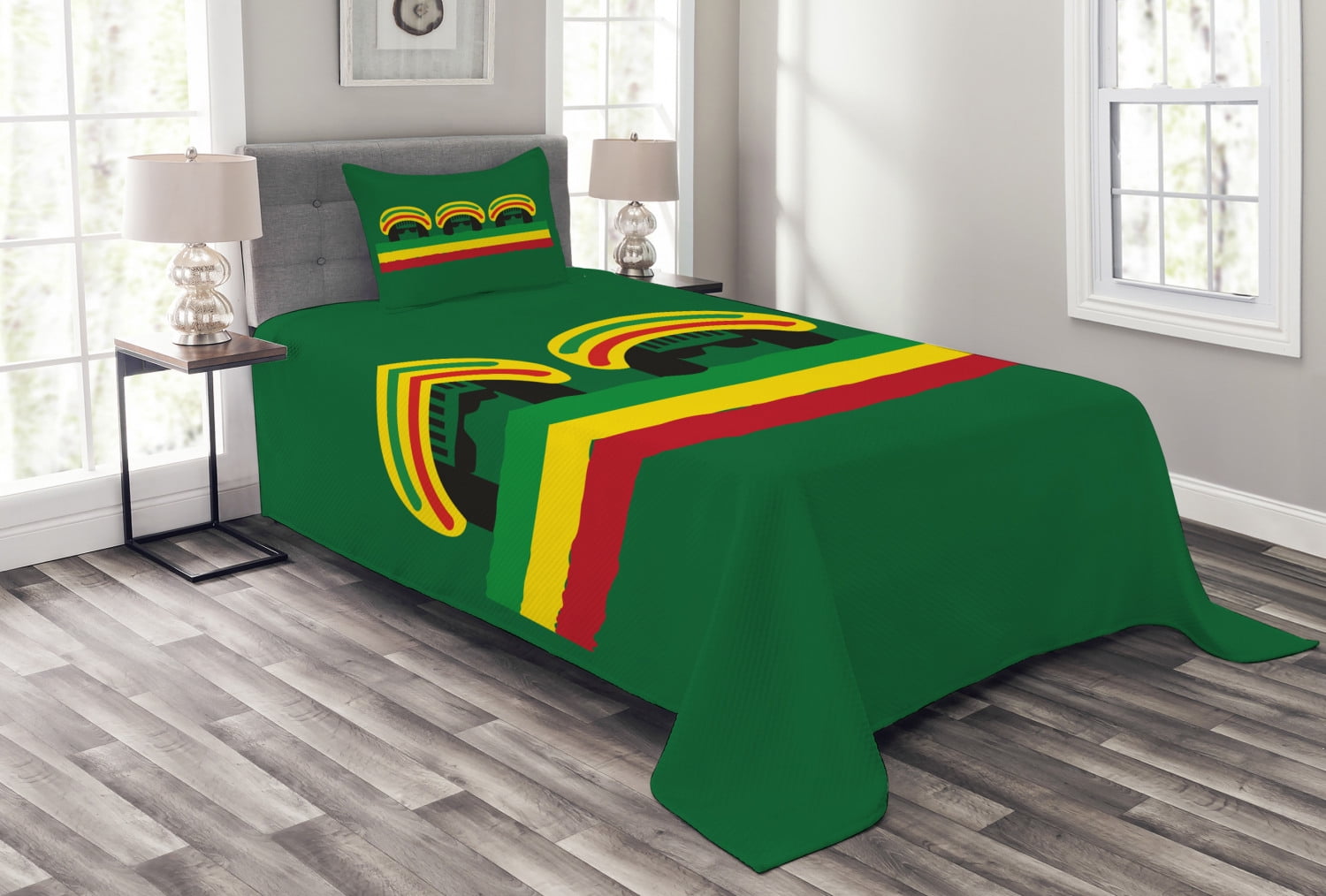 Jamaican Bedspread Set, Jamaican Reggae Culture Inspired Minimal Head