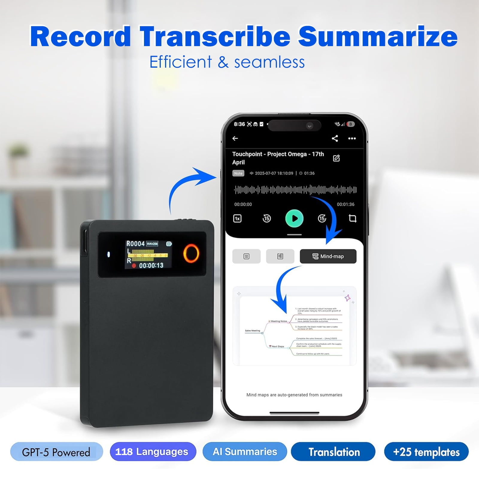 RONY AI Voice Recorder, Transcription Translation Smart Summary, File Security, Compact Design for Work Study Interviews Lectures, 64GB, Black