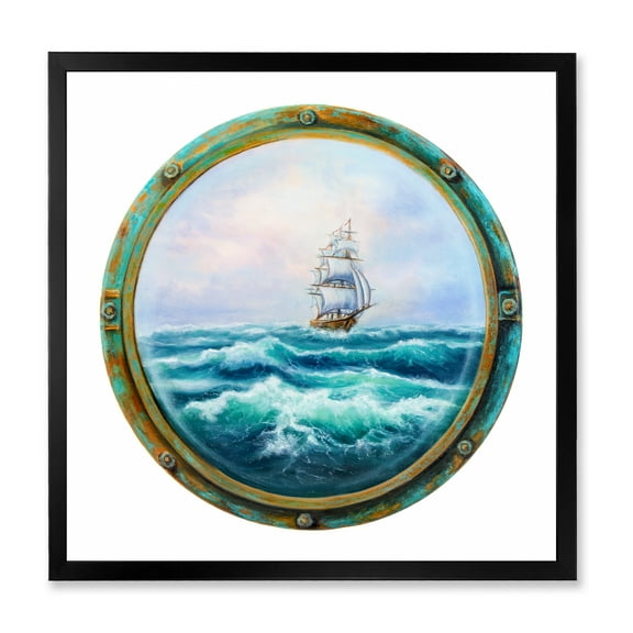 Designart 'Ship In Stormy Ocean Through Cabin Window' Nautical & Coastal Framed Art Print