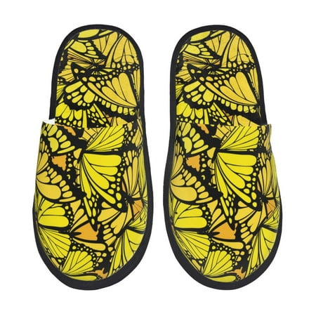 Balery Yellow Butterflies Slient Indoor Furry Fleece Comfort House Shoes Soft Non-Slip Home Shoes Cotton slippers House Slippers-- Medium