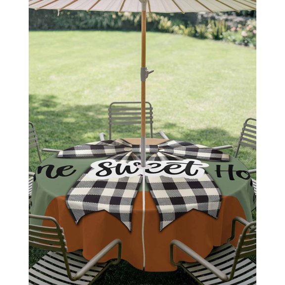 Outdoor Tablecloth with Umbrella Hole, Sweet Home Words Black Plaid Bow Zippered Table Cloth for Square Tables, Green Brown Striped Washable Waterproof Tablecloths for Picnic Patio Garden