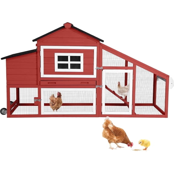 MEDEHOO Chicken Coop, Mobile Chicken House with with Wheels, Outdoor Hen House Poultry Cage with Nesting Box, Leakproof Pull Out Tray and UV-Resistant Roof,Rabbit Hutch Duck Coop (Red)