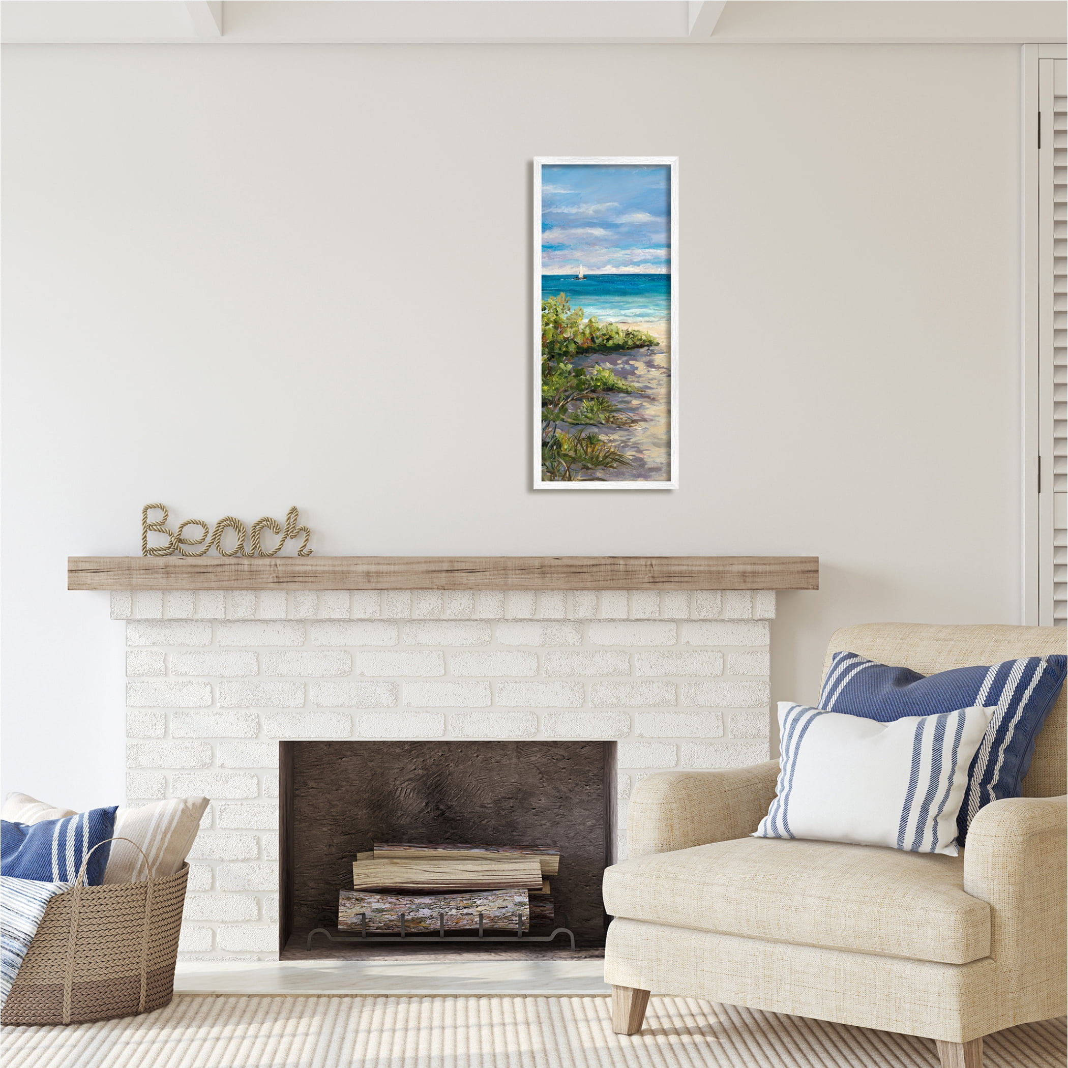 Stupell Industries Grassy Beach Shore Nature Painting White Framed Art Print Wall Art, 13 x 30