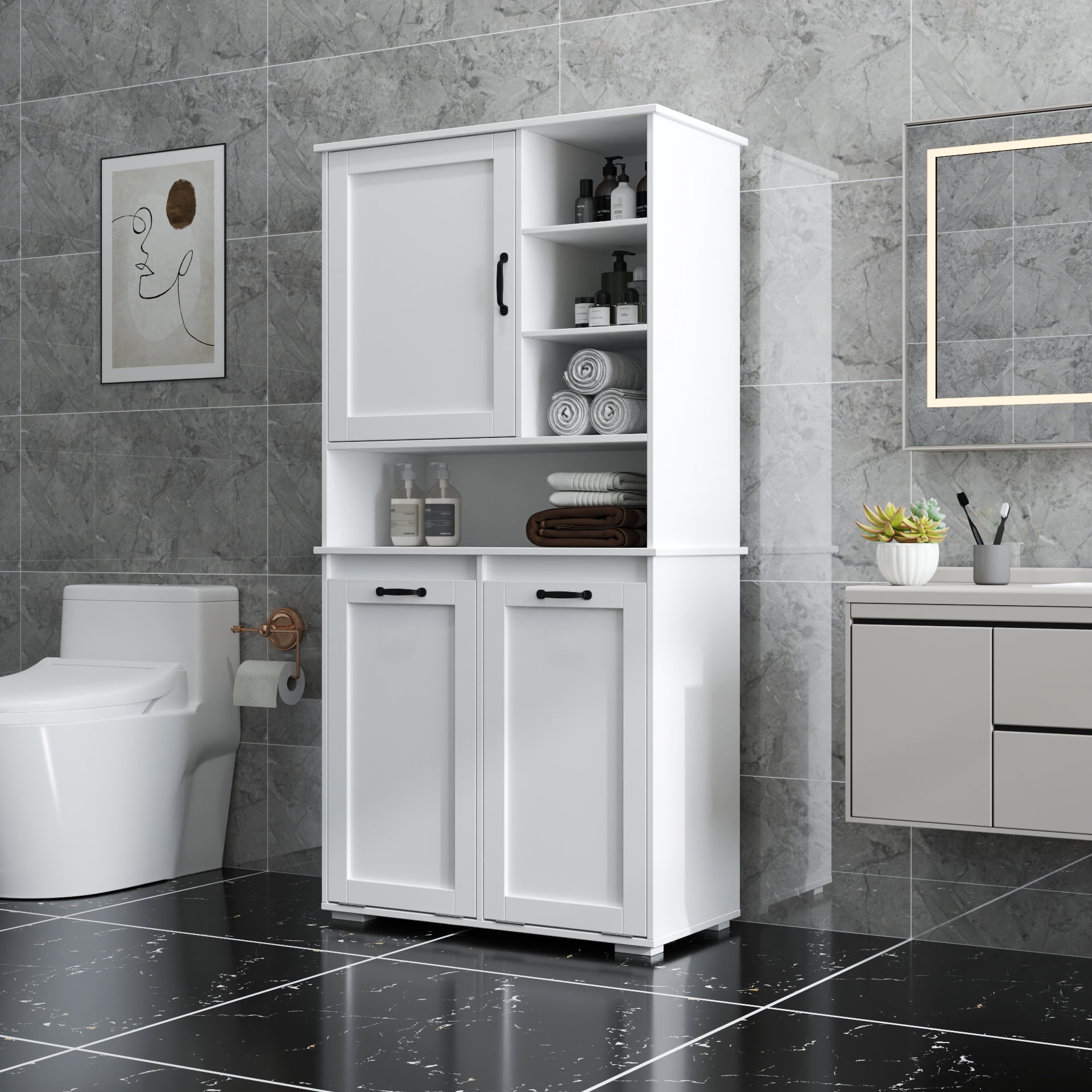 Mintazer 63" H Bathroom Storage Cabinet with 2 Tilt Out Laundry Hampers, Freestanding Laundry Cabinet with Adjustable Shelves, White