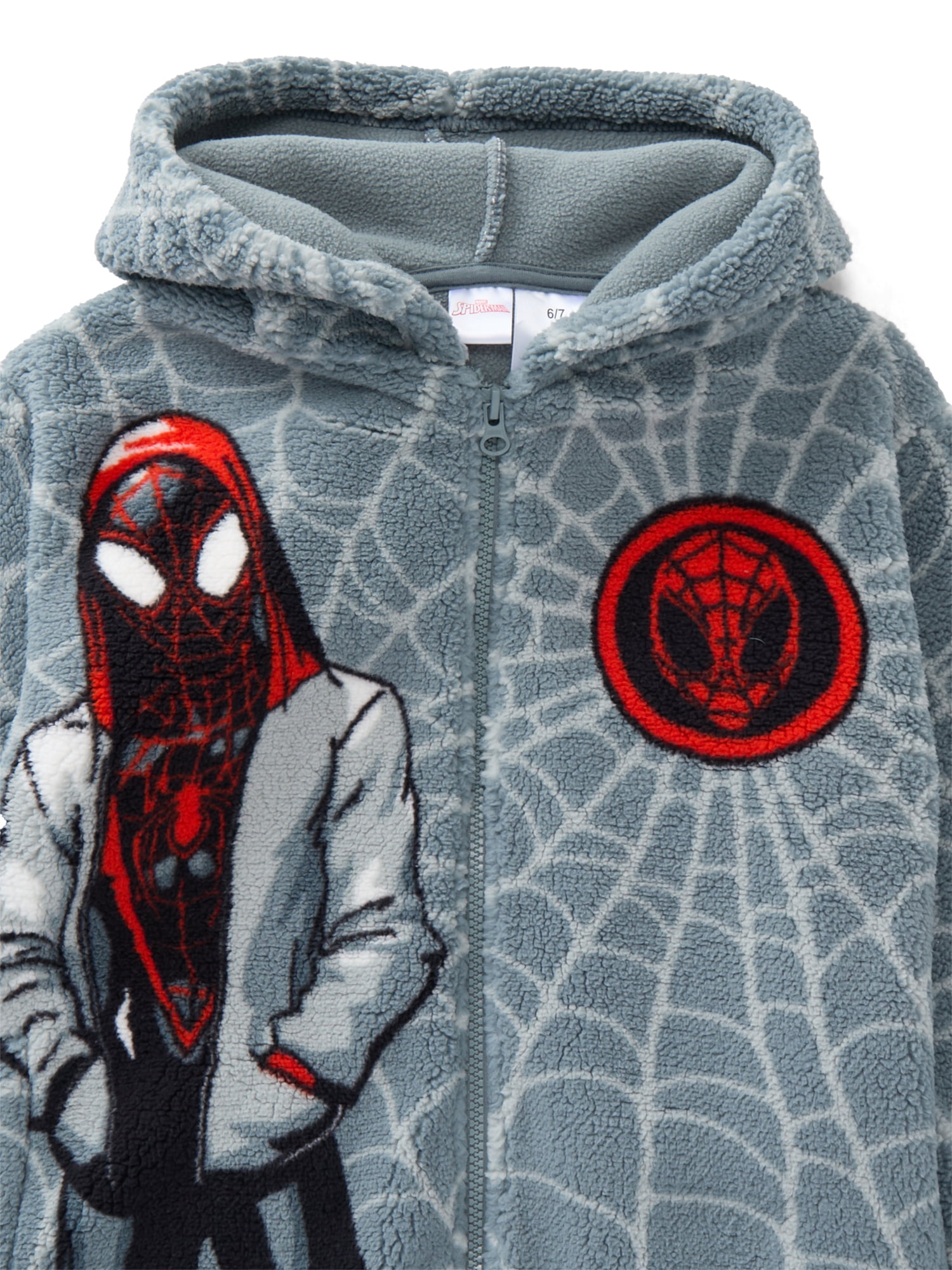 Spider-Man Boys Miles Morales Faux Shearling Plush Jacket with Hood, Sizes 4-12