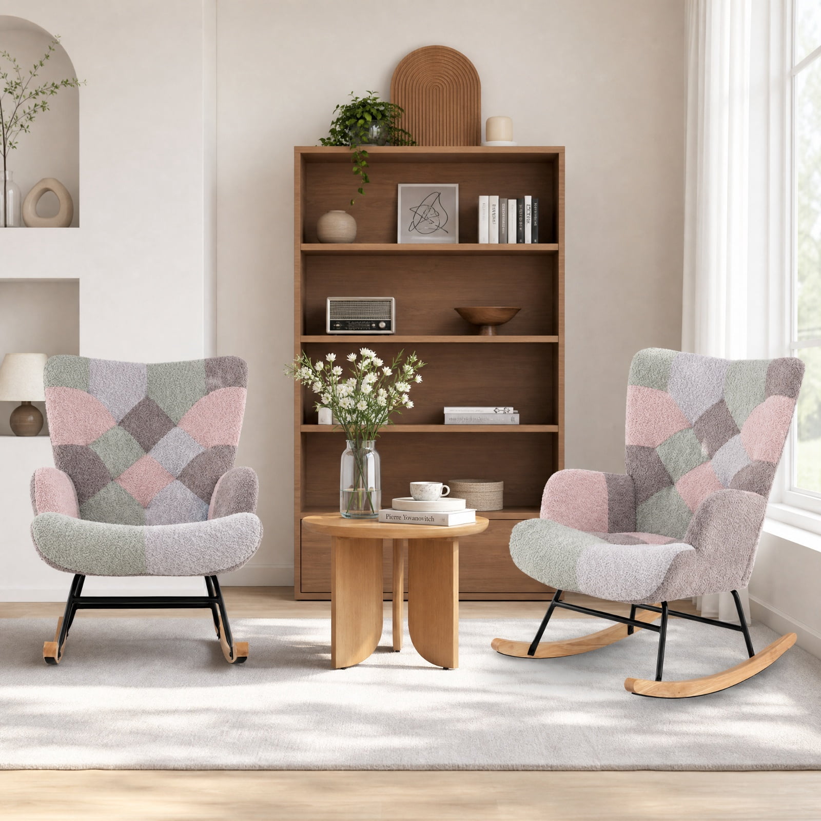 Furnibear Nursery Rocking Chair with Boucle Upholstery Ergonomic Armrests and High Backrest for Living Room Bedroom and Nursery, Colorful