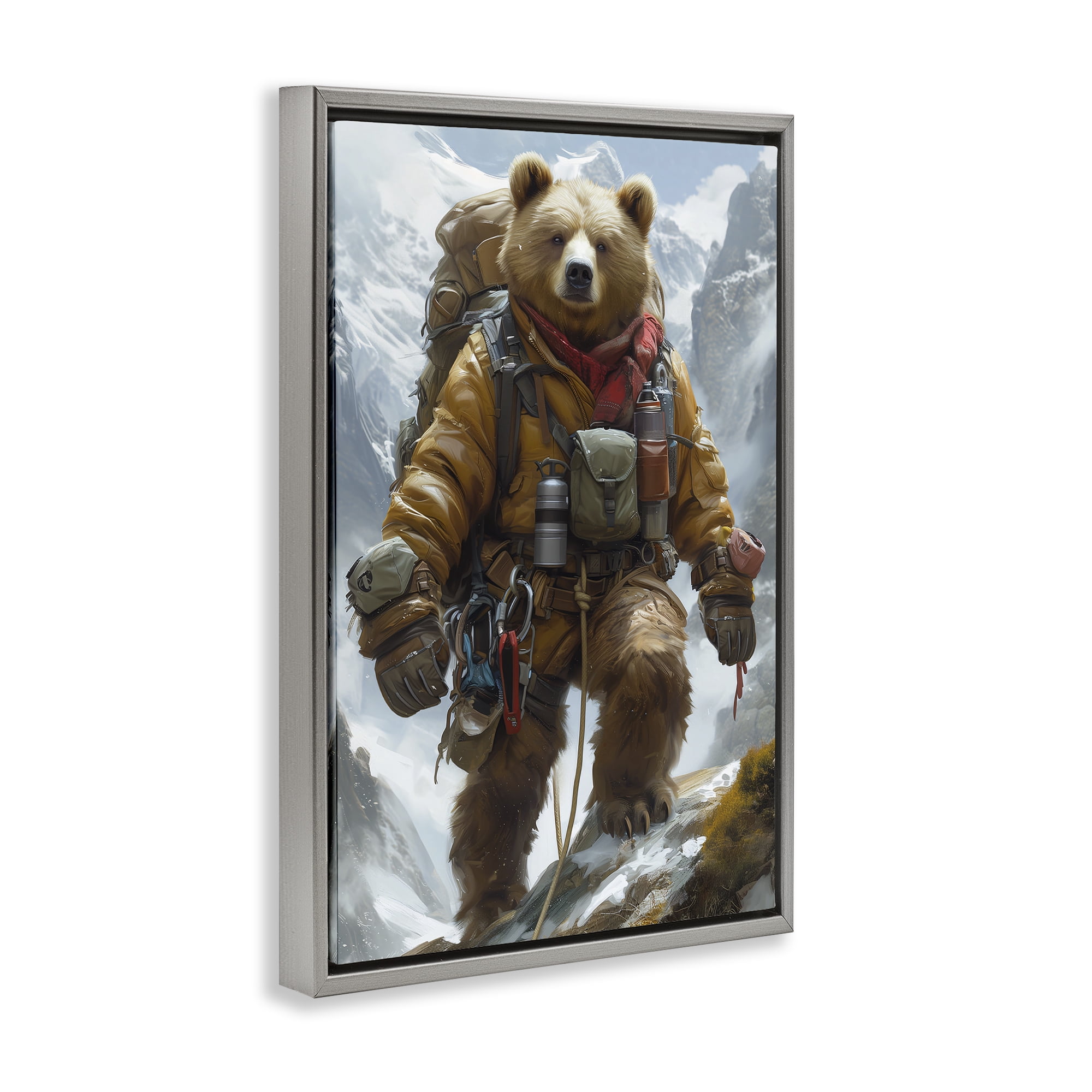 Stupell Industries Mountain Hiking Bear Animals & Insects Painting Gray Floater Framed Canvas Art Print Wall Art, 21 x 31