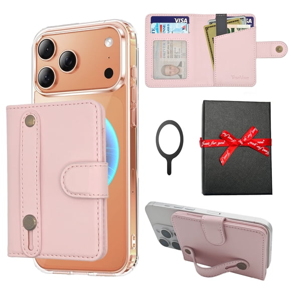 for MagSafe Phone Wallet Magnetic Card Holder for iPhone 17/16/15/14/13/12/Pro/Max/Plus,RFID Blocking Strong Magnet Wallets for MagSafe Phones and Cases,Hold 5 Cards,Strap Stand Leather Pink