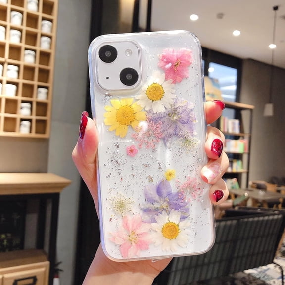 Case for iPhone 13 6.1 inch, Bling Glitter Sequin Handmade Real Dried Flower Leaf Embedded Pressed Floral Flexible Soft Rubber Gel TPU Protective Bumper Back Cover - Blue Pink