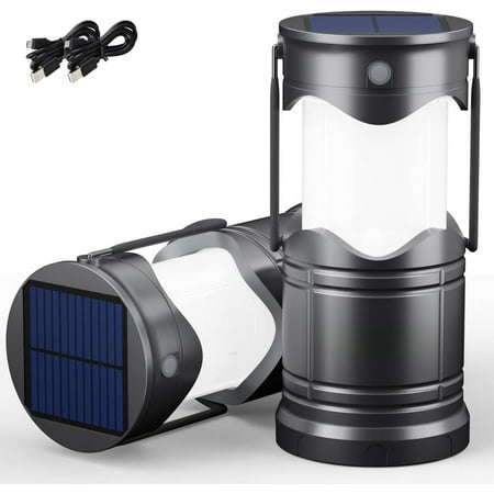 2-Pack Solar Camping Lantern USB Rechargeable LED Lanterns Battery Powered Pop Up Flashlight Lamps with Three Modes Power for Power Outages Hurricane Supplies Emergency Indoor & Outdoor