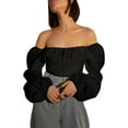 thumbnail image 2 of Genuiskids Women Puff Long Sleeve Square Neck Frill Smock Crop Top Slim Fit Shirred Bardot Blouse T-Shirt, 2 of 9