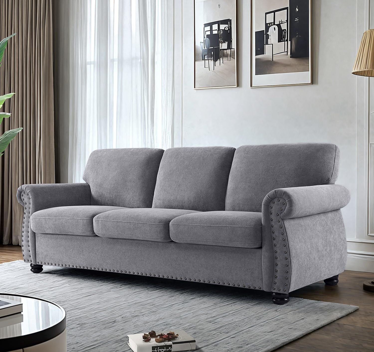 US Pride Furniture 91 in. Wide Rolled Arm Velvet Modern Rectangle Sofa in Grey For Home