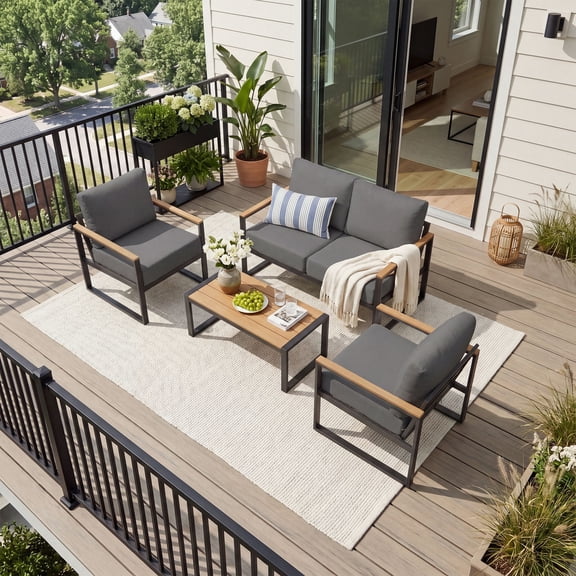 Clouddwell 4-Piece Patio Conversation Set, Heavy-Duty Metal Outdoor Furniture, Loveseat for Deck, Porch, Balcony (Gray)