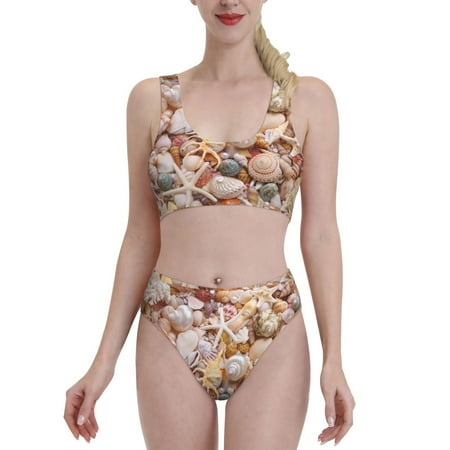 Bixox Colorful Seashells Pattern Two-Piece Sports Bikini with U-Shaped Top and High-Waist Bottom - Women s Swimwear with Removable Bra Pads