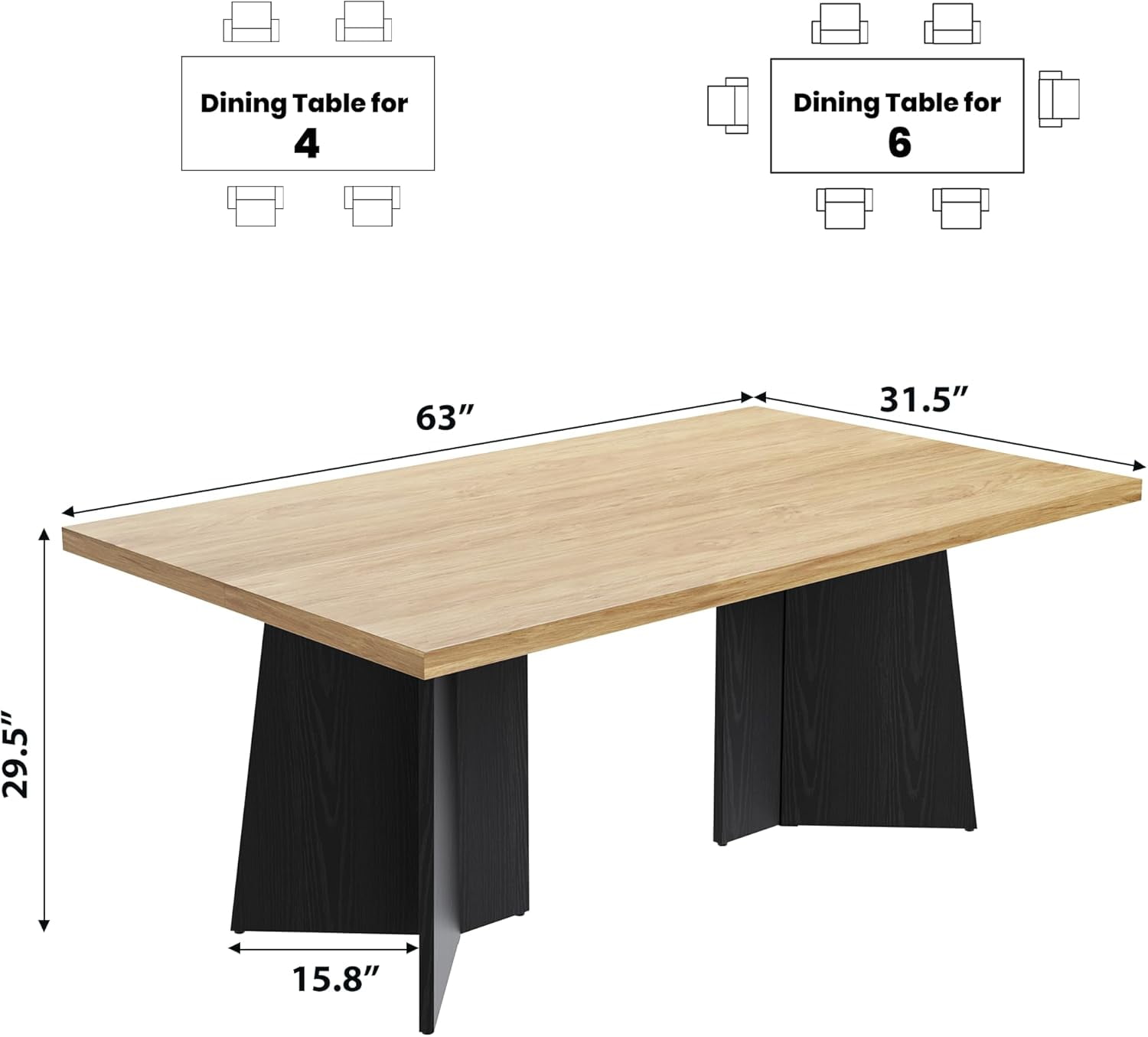 Dining Table for 6-8 People - 63" Modern Long Kitchen Table with Large Tabletop & Heavy Duty Pedestal Legs, Dinner Table for Kitchen, Conference Room, Home, Natural & Black